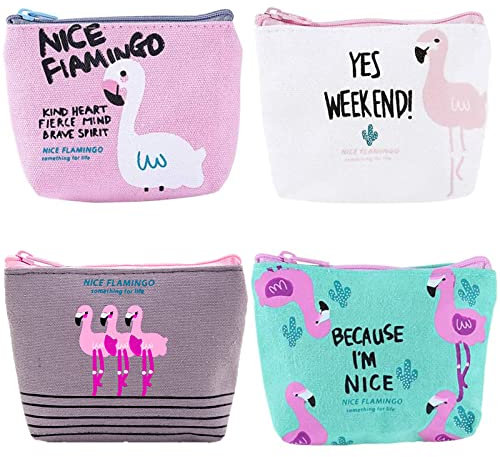 4 Stück Flamingo Leinwand Geldbörse, süße Cartoon kleine Geldbörse mit Reißverschluss, ID-Kartenschlüssel Make-up Comestic Bag, Brieftasche Tasche Geschenk für Frauen Mädchen, 4 Styles