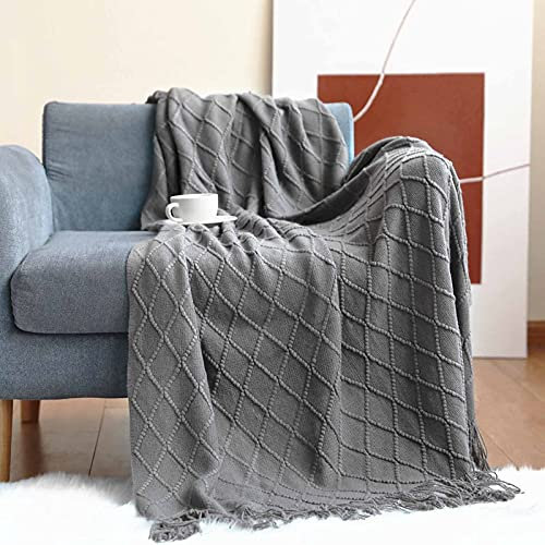 LumiSyne Gestrickte Decke Mit Quaste Einfarbig Geometrische Muster Kuscheldecke Strickdecke Tagesdecke Überwurf Couchdecke Dekorative Decke Für Sofa Bett 170x130cm