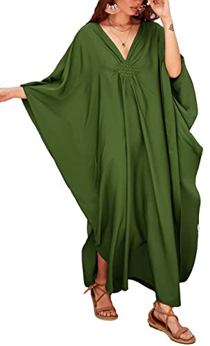 Bsubseach Women Casual Kaftan Batwing Sleeve Plus Size Swimsuit Cover Up Maxi Beach Dress Army Green