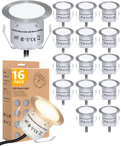 HIBOITEC Recessed LED Deck Light Kits(16Pack), 12V Low Voltage Landscape Lighting IP67 Waterproof Outdoor Step Stair Lights Warm White Deck Lighting for Garden Yard Steps Stair Patio Floor Decoration