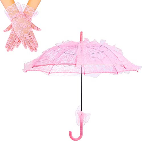 Carnavalife Paraguas Hecho a Mano Bordado de Flores con Guantes de Encaje para Mujer, Sombrilla Plegable de Novia para Decoración de Fiesta Nupcial y Fotografía de Boda (Rosa)