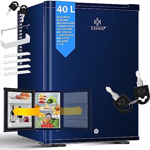 KESSER® Mini nevera con cerradura y llave, minibar 40 litros de capacidad útil, Frigorífico 22dB, cambio de sentido de apertura de puerta, 4°-16°C altura 57cm, iluminación Refrigerador, Azul marino