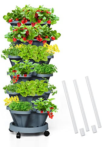 Tectsia Vertikale Erdbeer-Pflanzgefäße für den Garten, 6-stöckiger stapelbarer Übertopf mit Stützstange, stapelbare Kräuter-Gemüse-Pflanzgefäße für drinnen und draußen, Dunkelgrau