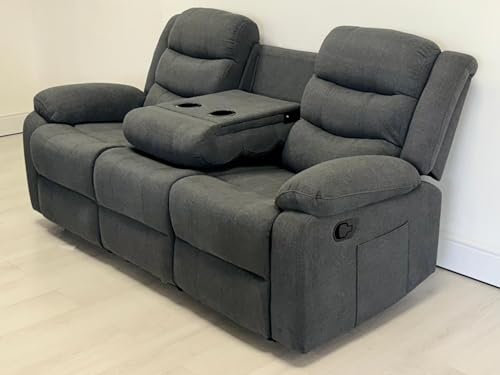 sleepkings Sorrentino 3 Seater Recliner Sofa Grey Fabric, Manual Reclining Sofa with Cup Holders Console, Modern Living Room 3 Seater Recliner Couch