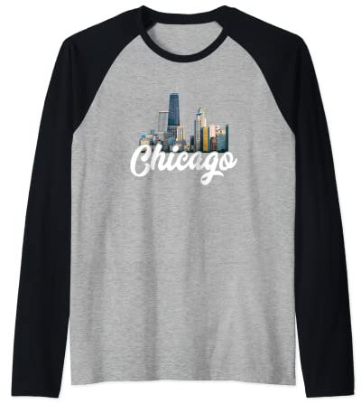 Plato hondo retro con diseño del horizonte de Chicago, Pizza River Camiseta Manga Raglan