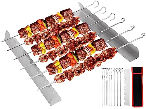 KEYIDO BBQ Skewer Rack Set, 2 Kebab Racks and 12 Barbecue Skewers, Stainless Steel Meat Skewers with Holder, Universal Skewers Accessories for Gas Grill, Charcoal Grill, Smoker (14-Pack)