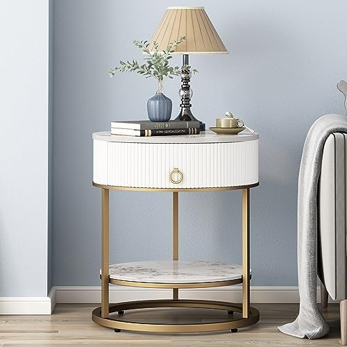 OIOG Runder Beistelltisch mit Schublade, 2-stöckiger Nachttisch mit Ablage, moderner Beistelltisch mit goldfarbenen Beinen für Wohnzimmer, Schlafzimmer, Schlafsaal, Marmorierung Naturstein/Gold