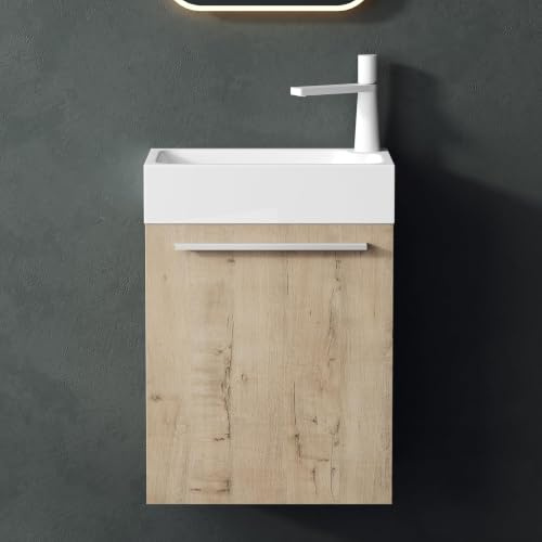 Mai & Mai Mobile Bagno Sospeso46x26x63cm con Lavabo Bianco, Rovere Chiaro | Mobile da Bagno con Cassetto, Lavabo da Minerale fuso, Seria Pisa F161