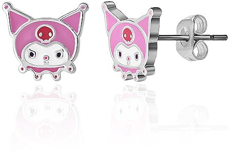 Sanrio Damen-Ohrstecker Hello Kitty, Kuromi und Freunde, versilbert und emailliert, offizielle Lizenz, Messing, Kein Edelstein