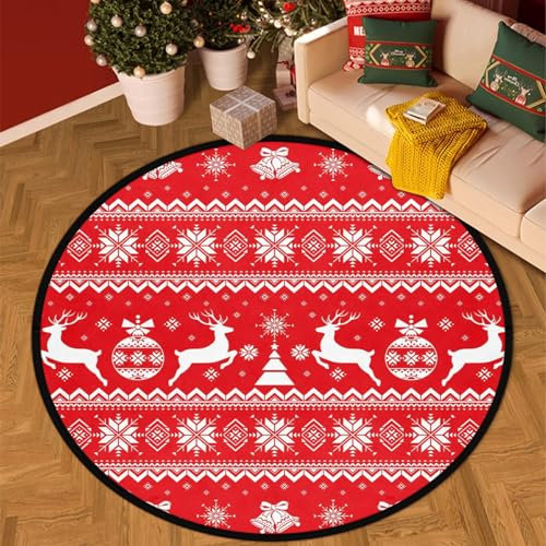keepcute Runder Weihnachtsteppich im Boho-Stil mit Weihnachtsbaum und Hirsch, für Schlafzimmer, Wohnzimmer, Arbeitszimmer, Spielen, rutschfeste Bodenmatte, Teppich, Heimdekoration, Teppich, 91 cm