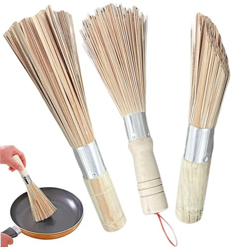 Eabdice 3 Pièces Wok Brosse Bambou Outil, Brosse de Nettoyage en Bambou, Cuisine Brosse Wok, pour Les Ustensiles de Cuisine Tels Que Casseroles, Assiettes, Bols, etc.