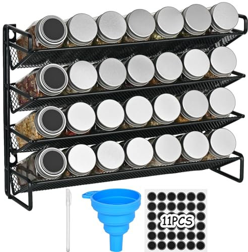 Especieros para Cocina con 28 Botes Especias Soporte para Especieros Pared Estantería Especias Encimera Estante Especias Metal 4 Niveles Organizador Especias Cocina para Armario