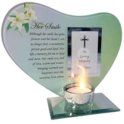Erinnerungs-Kerzenhalter und Fotorahmen aus Glas mit Aufschrift Her Smile, Gedenkgeschenk für Mutter, Mutter, Großmutter, Oma