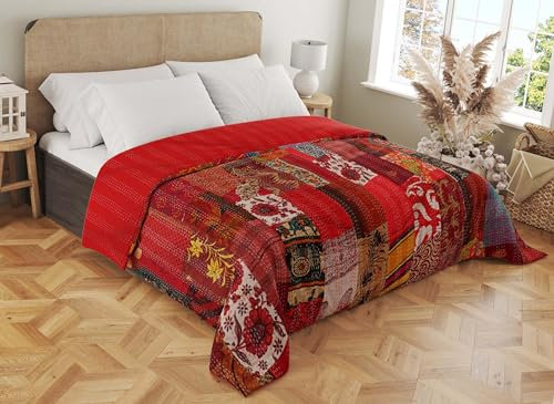 Marubhumi Handgefertigte Baumwoll-Steppdecke, Kantha-Decke, indische Seide, Sari-Patchwork-Steppdecken (Rot, Twin (152,4 x 228,6 cm)