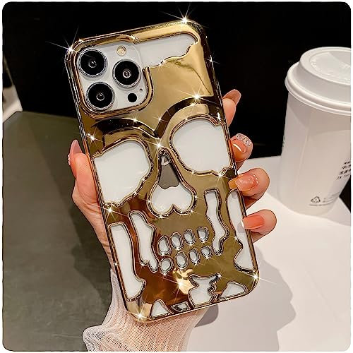 VirgoCCY iPhone 15 Pro Max Handyhülle, lustig, Gothic, Horror, ausgehöhlt, Cooler Totenkopf, Skelett, luxuriös plattierte Handyhülle, weiches TPU, Halloween Handyhüllen für Männer Frauen, Gold
