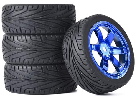 RC Auto Reifen und Räder Set,KINGCOO 4Stück 65mm Gummireifen und Kunststoff Räder 6 Speichen Felgen 12mm Hex für 1/10 RC On-Road Touring Racing Auto für HSP HPI Kyosho Tamiya (Blau)