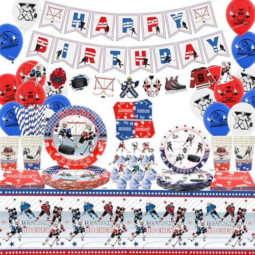 Obussgar Hockey Geburtstag Party Dekorationen - Eishockey Party Supplies einschließlich Banner, Teller, Tortenaufsatz, Tasse, Serviette, Ballon, Tischdecke für Hockey Party Dekoration - Serves 20 (B)
