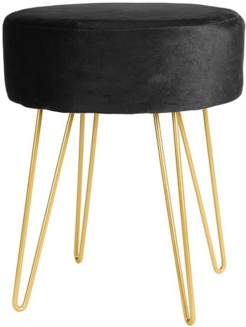 Harbour Housewares Velvet Round Foot Stool - Black with Gold Legs - Small Modern Dressing Table Pouffe Footstool Vanity Seats Vanity Chairs Footstools for Living Room, Bedroom