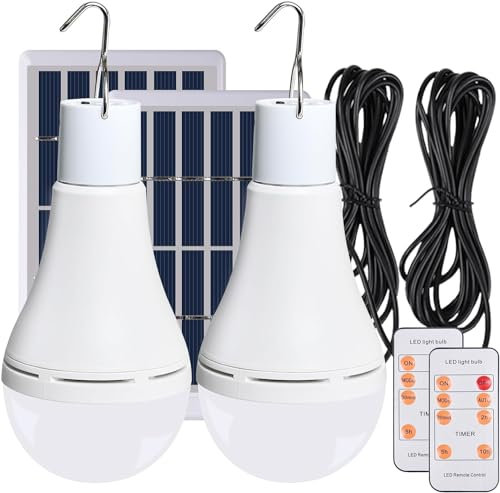 Solar Glühbirnen 2STK mit Fernbedienung Dämmerungssensor LED Solarlampen für Außen Innen Solar/USB Wiederaufladbare, 4 Modi, tragbare Hängelampen für Garten Notfall Hühnerstall Camping Reisen