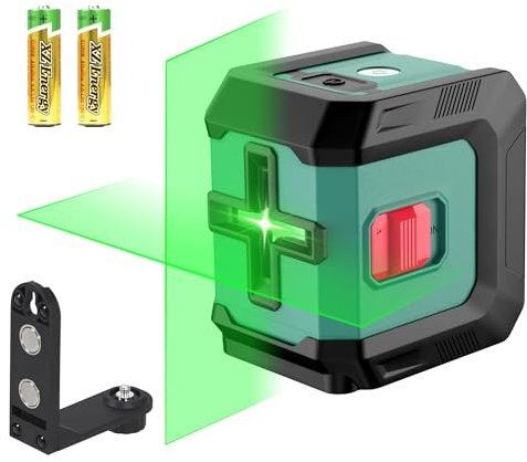 HYCHIKA Livella Laser Autolivellante, Livella Laser Verde Regolabile con 3 Livelli di Luminosità, Livello Laser 15M con Magnetica Supporto, 2 Batterie AA, Uso Interno ed Esterno