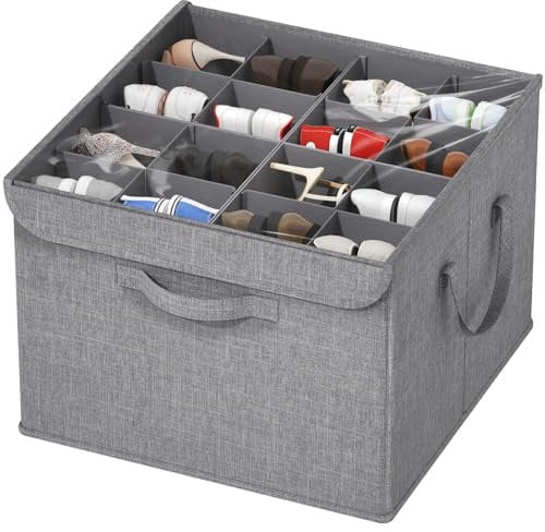Lifewit Organizador de Zapatos para Armario, Divisores Ajustables para Almacenamiento de Zapatos para 16 Pares, Cajas de Almacenamiento Plegables con Cubierta Transparente, Gris Claro, 1 Paquete