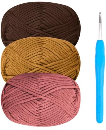 Häkelgarn Baumwolle Häkelwolle Chenille Wolle zum Häkeln 3 x 50g Häkelwolle mit Häkelnadel 4mm,Dickes Baumwoll-Nylon-Mischgarn Braun