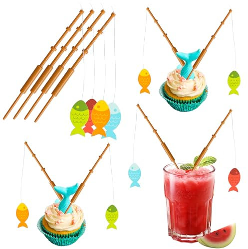 Gyufise 8Pcs Mini Fish Pole Cake Topper Decorations Little Fisherman Cupcake Toppers Fishing Pole Picks Mini Cupcake Picks for Birthday Party Tropical Party Appetizer Cake Decoration Supplies