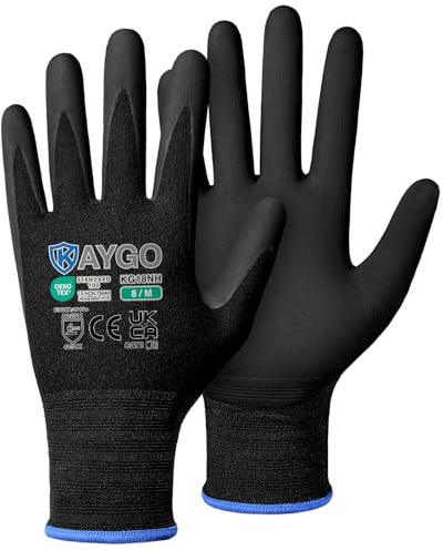 KAYGO Safety Work Gloves MicroFoam Nitrile Coated 12 Pairs, KG18NH | 15G Seamless Knit Nylon Liner, Breathable, High Dexterity, Non-Slip Grip in Oily for Warehouse, Automotive, DIY (Black, M)