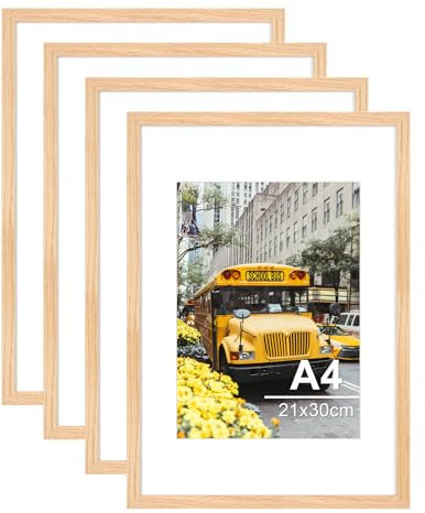 Veelot® 4x Bilderrahmen DIN A4 21x29.7 cm,Natur Holz Eichenholz,Passepartout 15x21cm,Zertifikatsrahmen 21x30cm mit bruchsicherem Acrylglas | Wandmontage oder Tischaufsteller