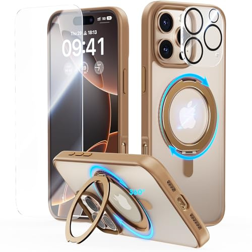 JUESHITUO 360° Magic Stand für iPhone 16 Pro Hülle [Militärschutz] [Unsichtbarer Ständer] Stoßfeste Kratzfeste Schutzhülle Dünne Case Handyhülle für MagSafe Braun