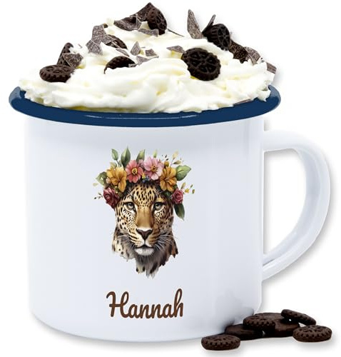 Emaille Tasse Blechtasse - Leopard - Leopardenmotiv | Geschenk für Raubkatzenliebhaber | Tierfreunde | Raubkatze - 300 ml - Weiß Blau - leoparden motiv leo