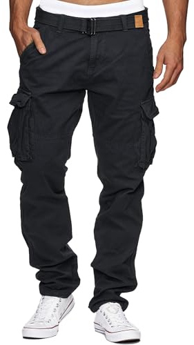 Indicode Herren William Cargohose aus Baumwolle mit Taschen und Gürtel | Robuste Herrenhose für Alltag und Outdoor mit vielen Taschen, Gürtel, Freizeithose, Arbeitshose, Cargo Pants für Männer
