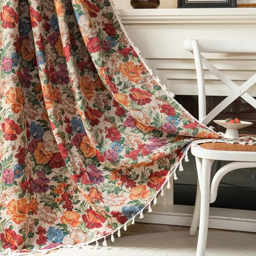 ENJOYBRIDAL Vorhänge mit Blumenmuster, 213 cm lang, halbtransparent, bodenlang, Vorhänge, Schlafzimmer, Stangentasche, Jacquard, 2 Paneele, Fenstervorhänge, Bauernhaus, Boho-Quaste, Gemustert,