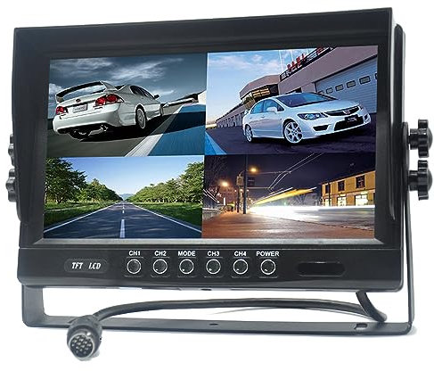 Pardarsey 9 TFT LCD Car Rearview Quad Split Monitor,Remote Control, 4 Channels 4-PIN Connector Video Inputs Shockproof - 12V-24V 800480HD Screen w/Sunshade Anti-Glare