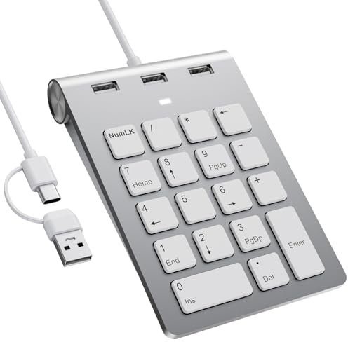 Pavé Numérique avec USB A/USB C, Multifonctions Clavier Numérique avec 3 Ports USB 2.0, 18 touches, Mini Clavier Numérique Ergonomique 15° pour Ordinateur Portable, Notebook et Ordinateur de bureau