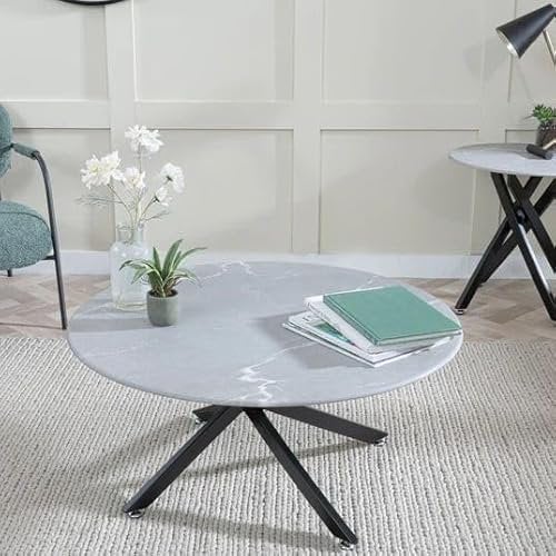 URBANDECO Ashley Glass Round Coffee Table with Black Metal Legs