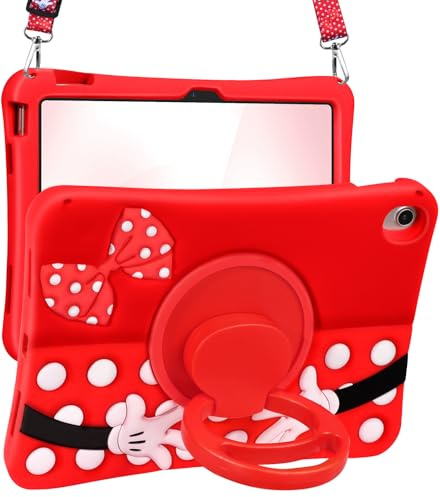 Lotadilo Niedliche Schutzhülle für iPad A16 / iPad 10. Generation / 27,9 cm (11 Zoll), Silikon, 3D-Design für Mädchen, Frauen, Teenager, Kawaii, lustig, Cartoon, weicher Ständer mit Umhängeband, roter