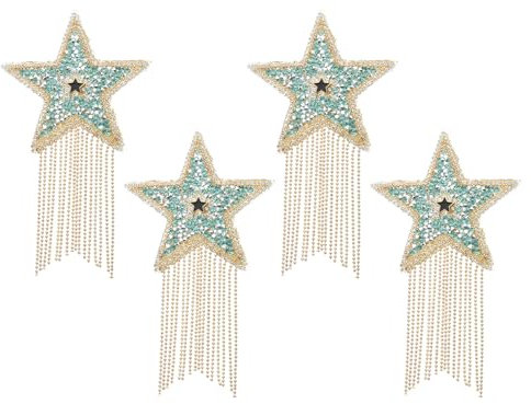 PATIKIL Star Rhinestone Patches, 4 Pcs Star Shape Iron on Applique Patches Rhinestone Applique Glitter Crystal Patches for Clothing with Gold Tassel for Shoes Pants Bags, Lake Green