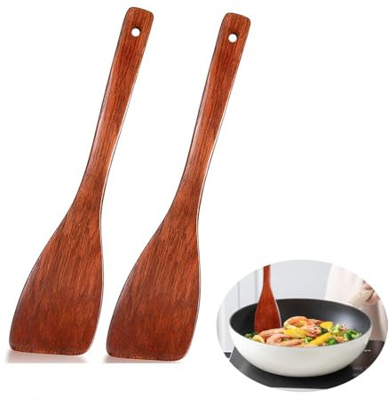 Yeenano Wooden Spatula,2 Pcs Wooden Spatula Set,Wooden Cooking Spatula Non-Stick,Heat-Resistant Kitchen Spatula,Woodens Kitchen Utensils,Cooking Accessories,Long Handle Spatula,for for Pan and Wok