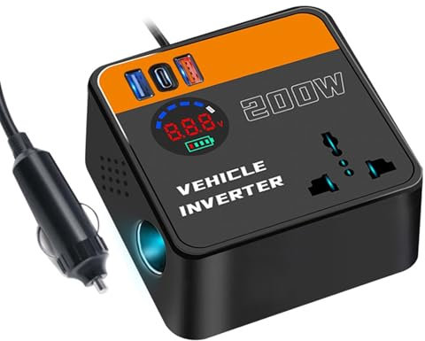 200w Inverter 12v 220v Auto, Convertitore di Alimentazione con 1 Porte USB e 1 Prese EU e 1 Porte Type C, Caricatore da Auto da Campeggio con Multi Protezioni