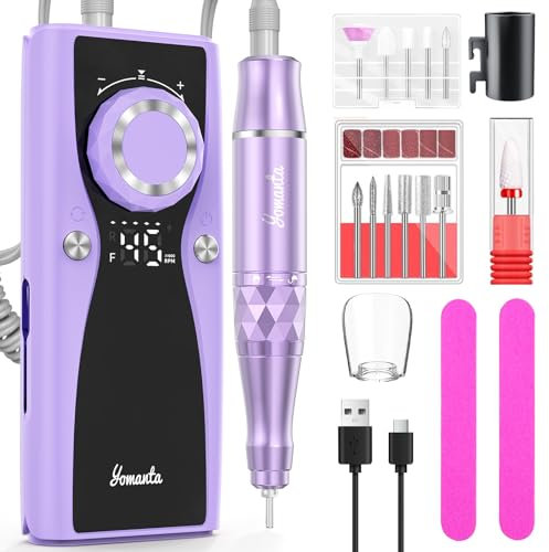 Fresa per Unghie Professionale 45000 RPM, USB Ricaricabile Lima Elettrica per Unghie con 12 Testine Iucidanti, 10H+ Durata Della Batteria , Display LCD, Direzione Di Rotazione Regolabile - Viola
