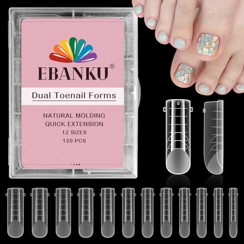 EBANKU 120Pcs Poly Gel Nail Forms, Long Square Clear Dual Nail Forms for Pedicures Reusable Nail Tips Mold for Polygel Pedi Extensions, 12 Sizes