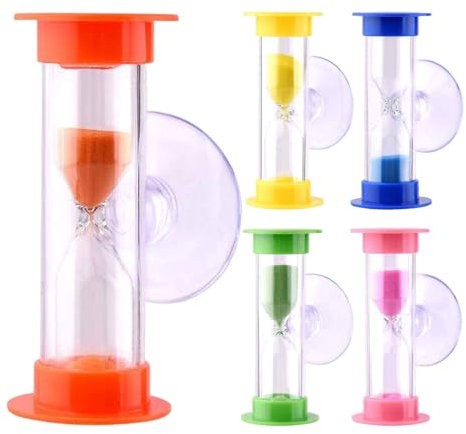 Lot de 5 sabliers à ventouse en verre, minuteurs de 2 minutes et 3 minutes pour le brossage des dents, la cuisine, les jeux et l'école, haute robustesse, 3 x 6 cm