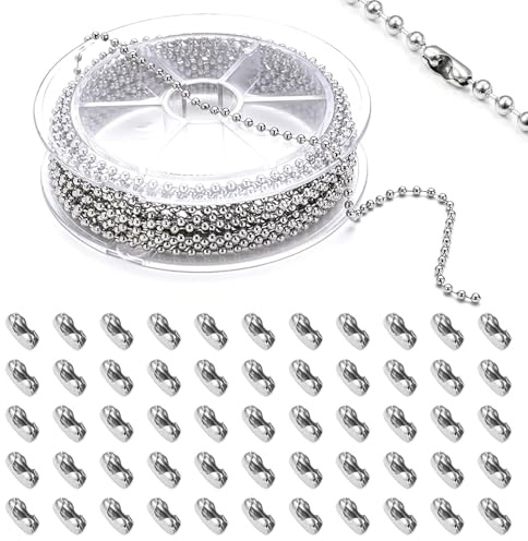 10m Kugelkette Edelstahl Silber mit 50 Verbindungsstücken, langlebige Stahlkette für DIY Schmuckherstellung, Schlüsselanhänger, Dog Tag kette und Hosenketten Verstellbare Kettenverschlussdesigns