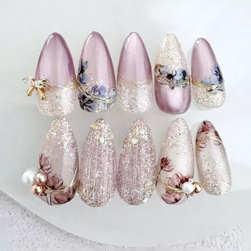 GlamRays 24-Piece Purple Flower Sticker Nails, Medium Almond False Nails with Pearls, White Fine Sand Design, Gold Bow Rhinestones