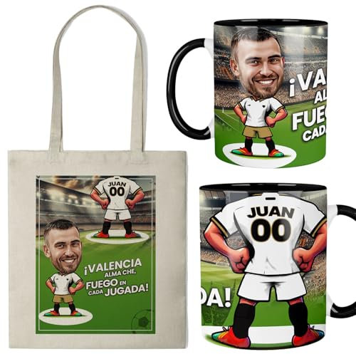 Kembilove® Taza personalizada fútbol con caricatura y bolsa | regalo original para fan de fútbol | personaliza nombre número y equipo | detalle ideal para cumpleaños (VALENCIA)