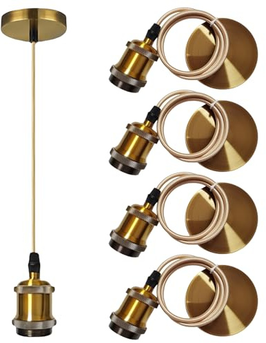 4 Stück Vintage Pendelleuchte, Metall Lampenaufhängung E27 mit Schraubring, E27 Vintage Lampenfassung mit Kabel 100cm, Vintage Lampe, DIY Hängelampe für Wohnzimmer Deckenlampe (Vintage Gold)