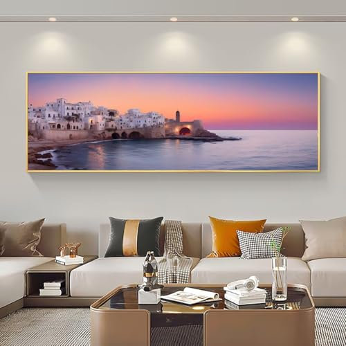 5D Diamond Painting Ciudad Costera Diamond Art Kit, DIY Grande Pintura de Diamantes Adultos Punto de Cruz Kit, Diamond Art Crystal Crafts para Decoración de Pared Hogar 40x100 cm/16x40 Inch M-399