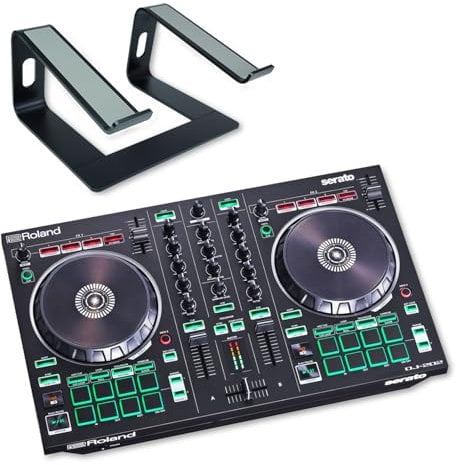 Roland DJ-202 2-Channel 4-Deck USB DJ Controller with Keepdrum Laptop Stand Black