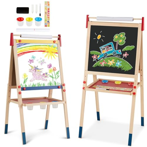 HOMASIS 3 in 1 Kindertafel doppelseitig, Holz Staffelei mit Kreidetafel, magnetischen Whiteboard mit Papierrolle & Ablage, Kinderstaffelei mit Alphabet, Kreide & Marke, Standtafel höhenverstellbar